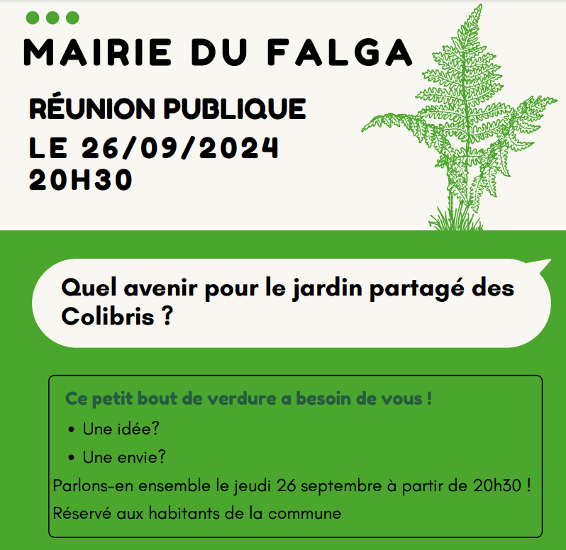 Quel avenir pour le jardin partagé des Colibris ? Ce petit bout de verdure a besoin de vous ! Une idée? Une envie? Parlons-en ensemble le jeudi 26 septembre à partir de 20h30 ! Réservé aux habitants de la commune