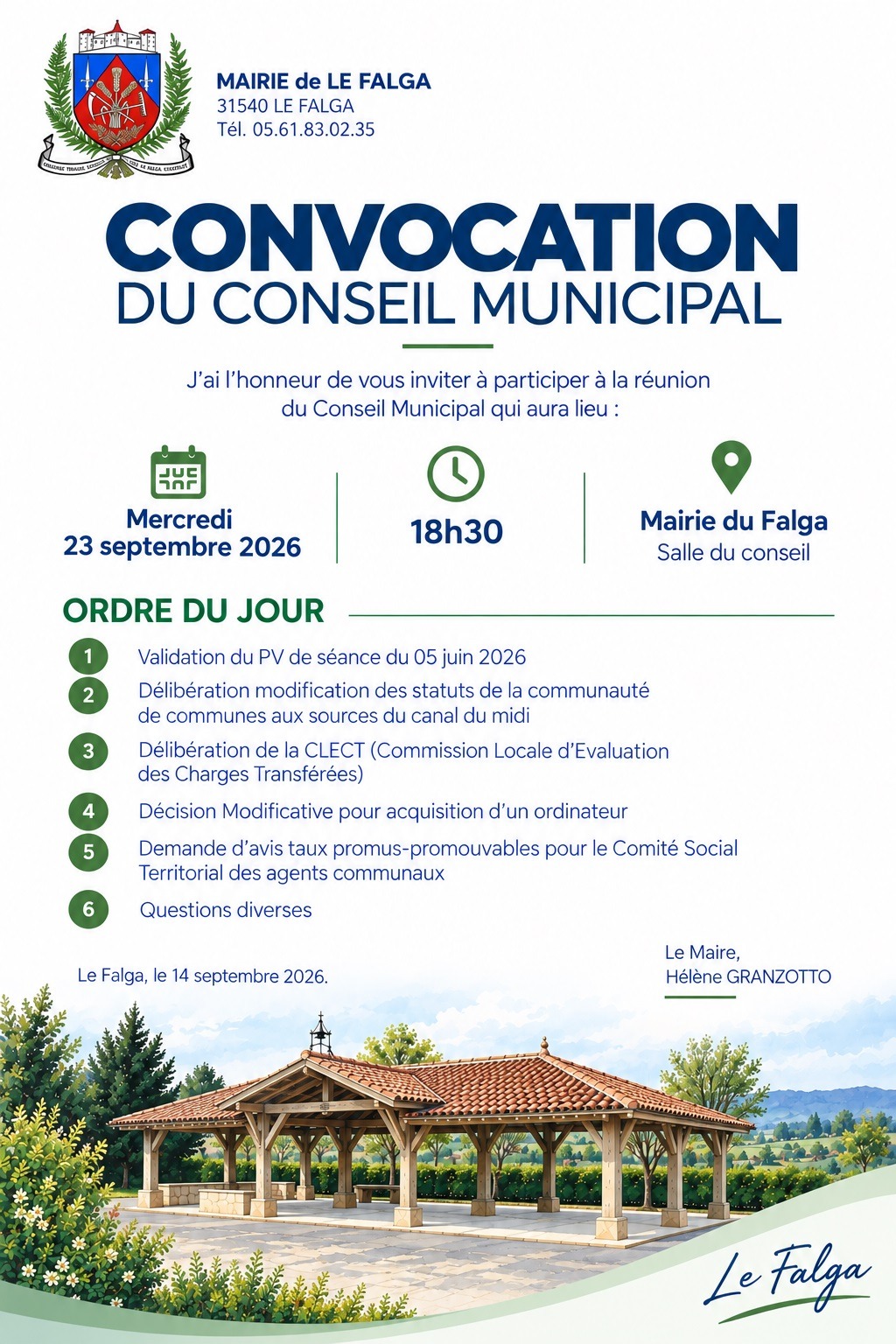 Convocation du Conseil municipal le 23 septembre 2026.