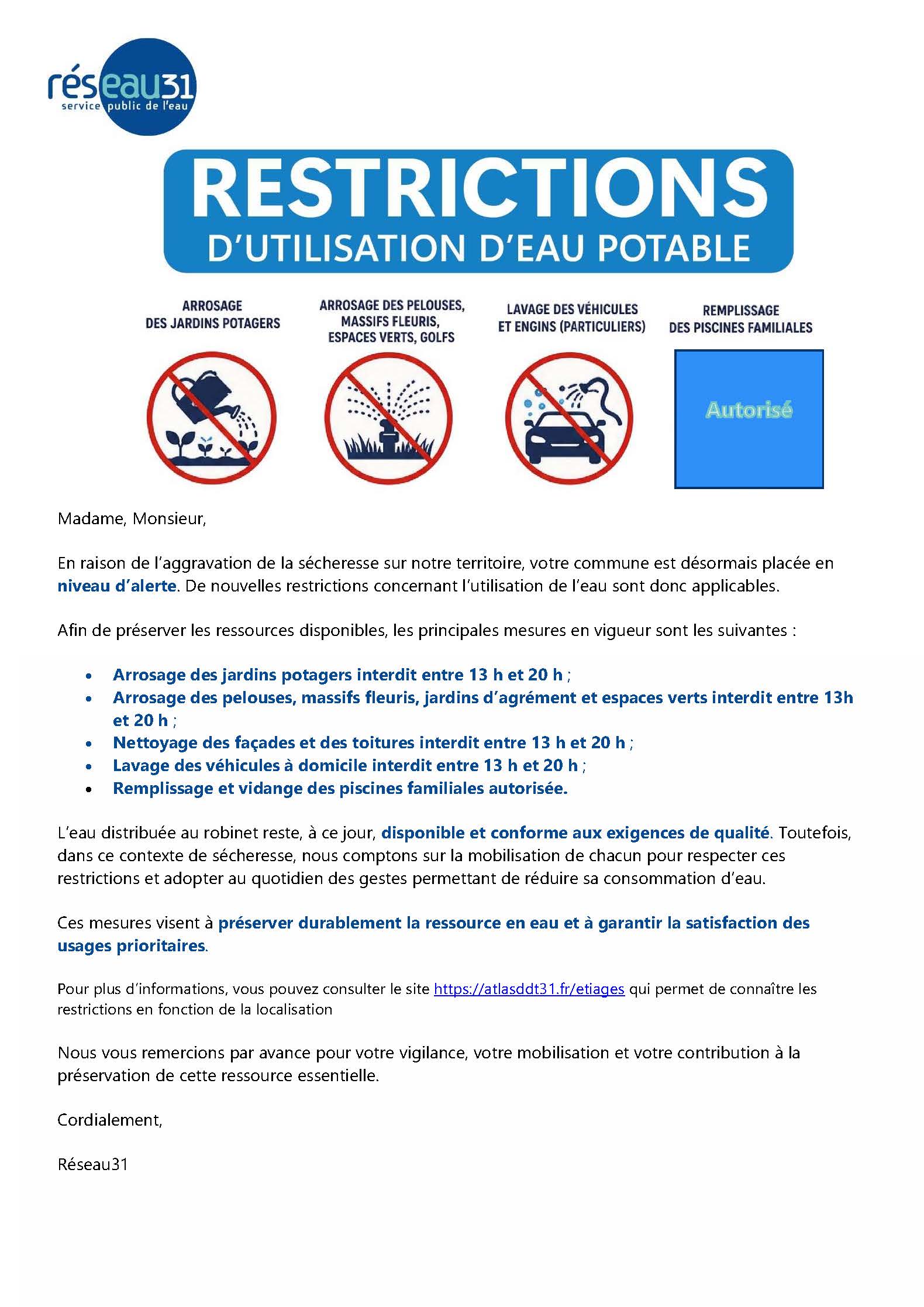 Alerte préfectorale restriction d'eau.